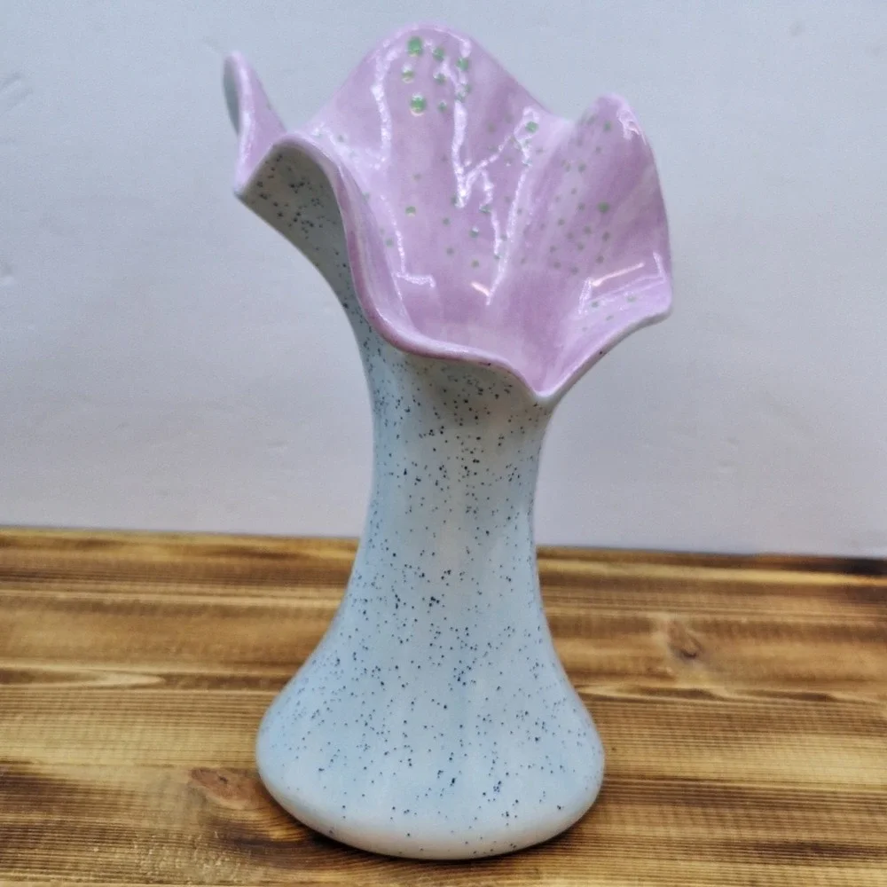Art Ceramic Swung Vase‎ Artist Initials Speckled Grey  Pink Inside 8